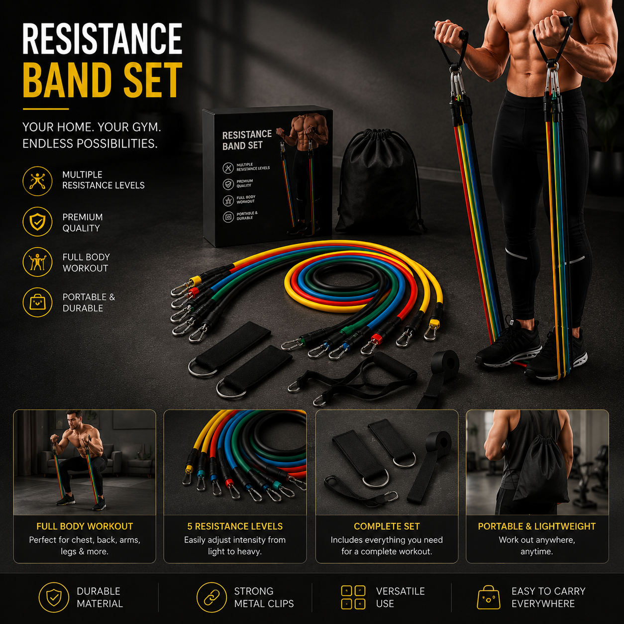 11-Piece Resistance Bands Set with Handles – Portable Home Gym Workout Kit