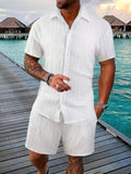 Spring and summer Europe and the United States new men's striped jacquard beach suit loose shorts shirt