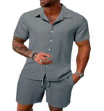 Spring and summer Europe and the United States new men's striped jacquard beach suit loose shorts shirt