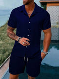 Spring and summer Europe and the United States new men's striped jacquard beach suit loose shorts shirt